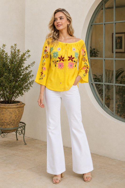 Sunny Bloom Embroidered Off-Shoulder Top – Yellow Floral Boho Blouse