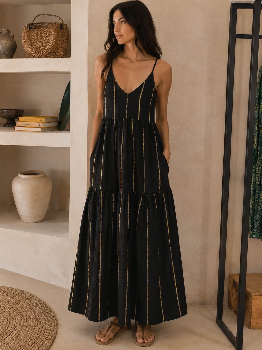 Black & Gold Stripe Tiered Maxi Dress