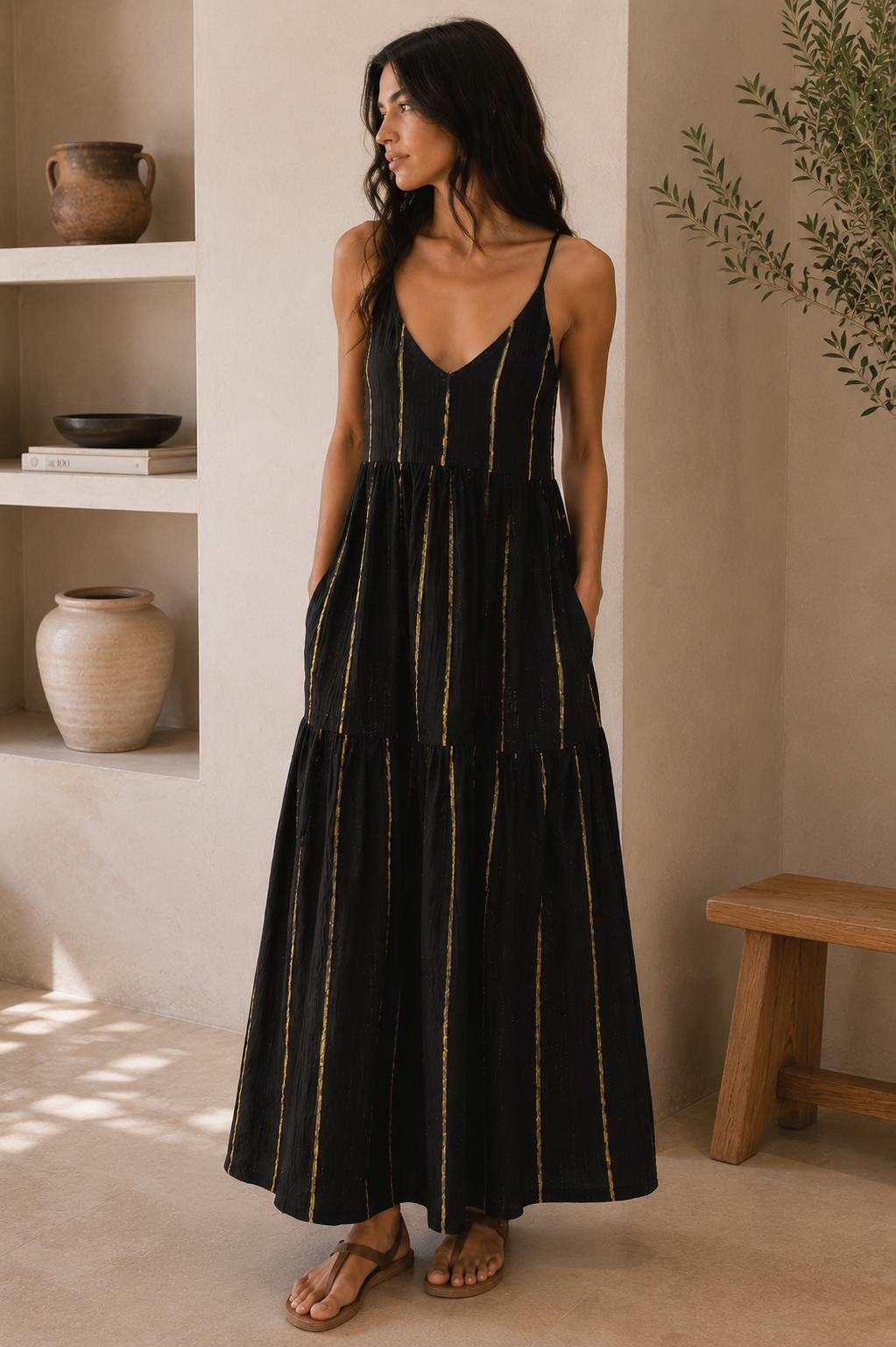 Black & Gold Stripe Tiered Maxi Dress