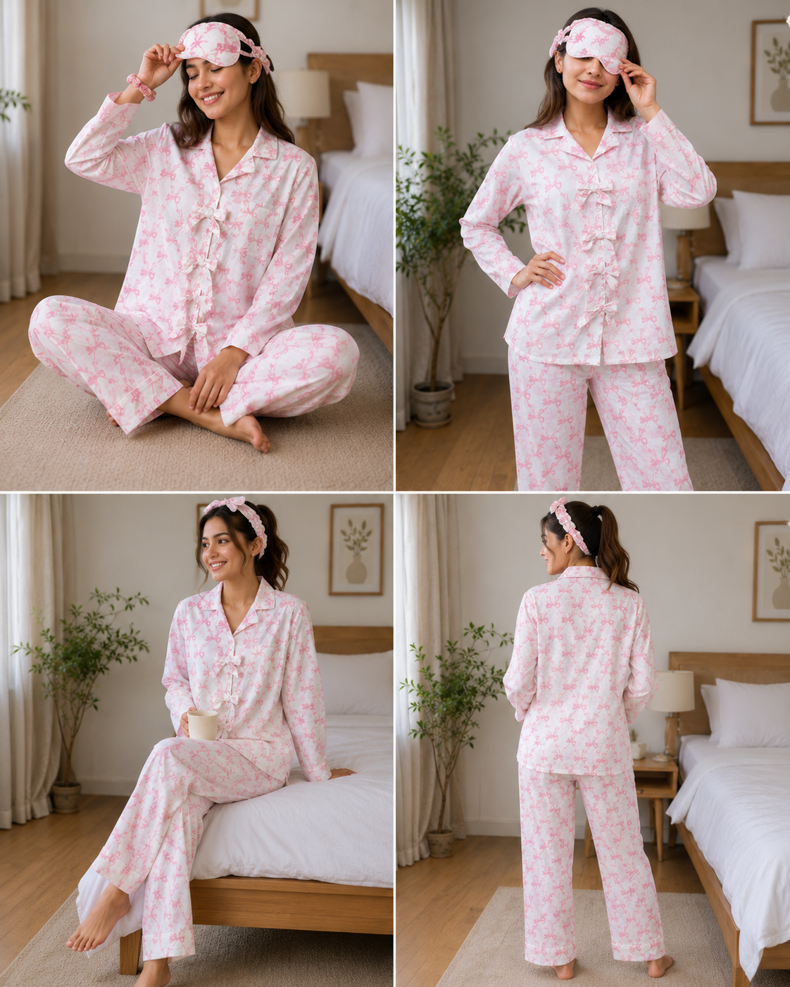 Blush Bow Print 3-Piece Cotton Night Suit Set