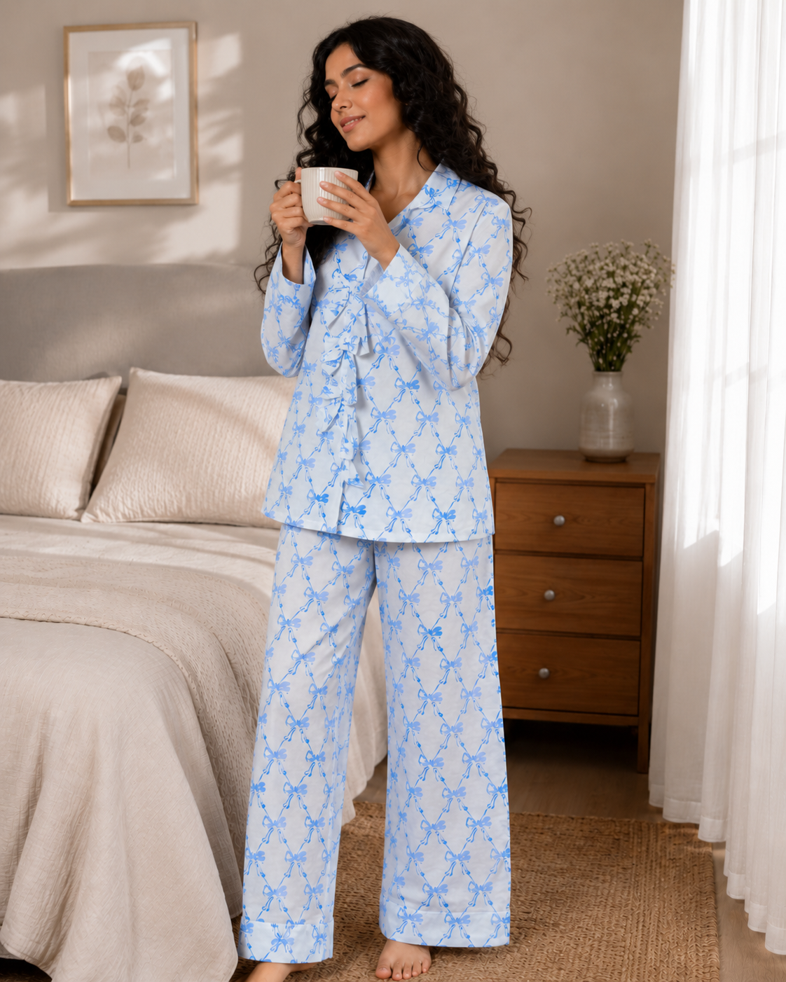 Bow Affair – Blue Block Print Cotton Pajama Set with Eye Mask
