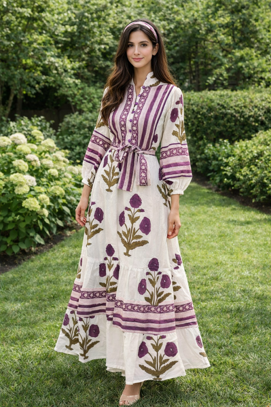 Crimson bloom flower Hand Block Dress