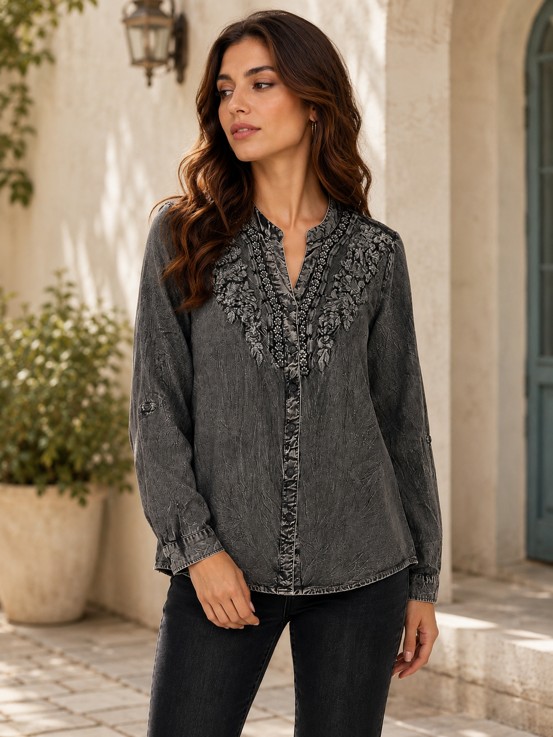 Charcoal grey embroidered top